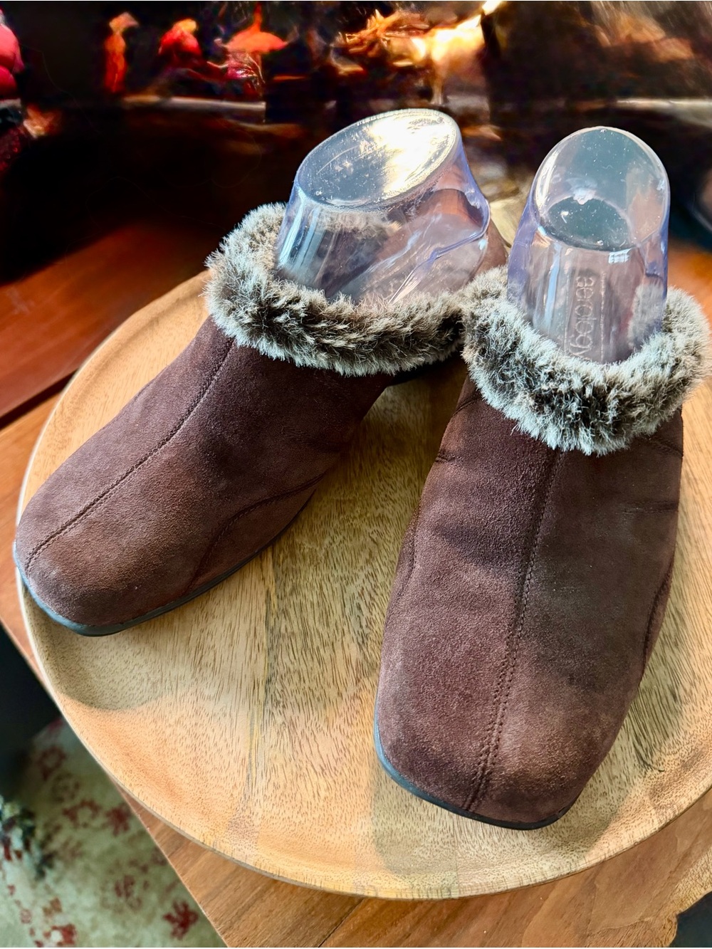 Aerology by Aerosoles Brown Suede Faux Fur Trim Mules Clogs Size 9.5